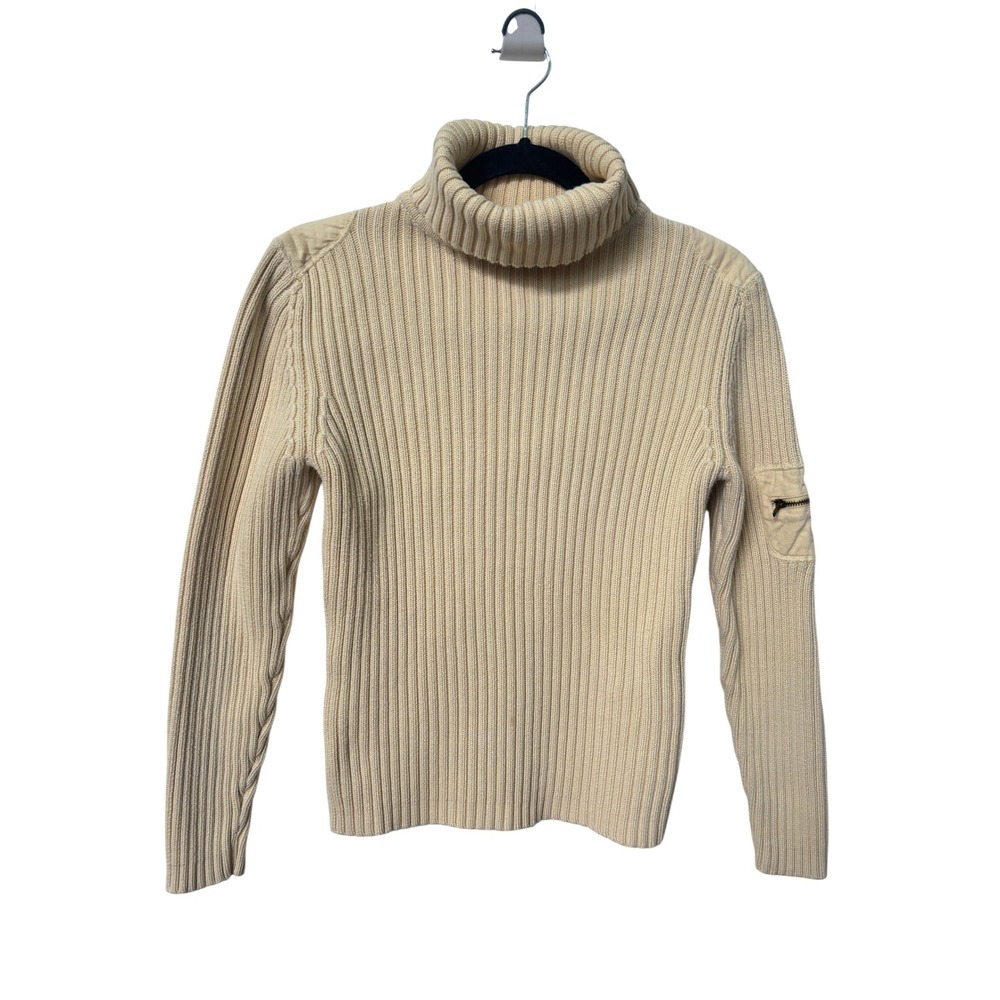 Y2K IZOD Butter Yellow Ribbed Cotton Turtleneck Sweater Utility Arm Pocket
